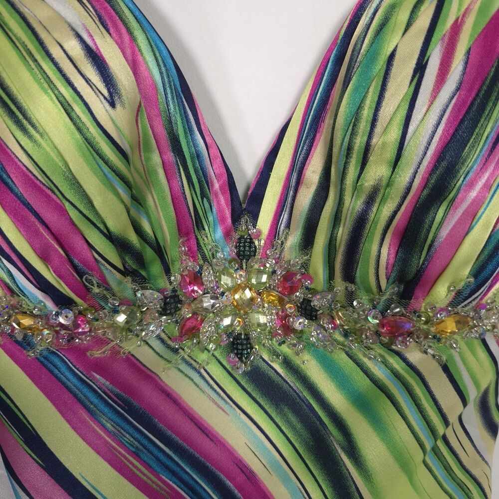 Mac Duggal Couture Size‎ 0 Maxi Dress Open Back Slit Satin Multicolor Striped - Picture 7 of 16